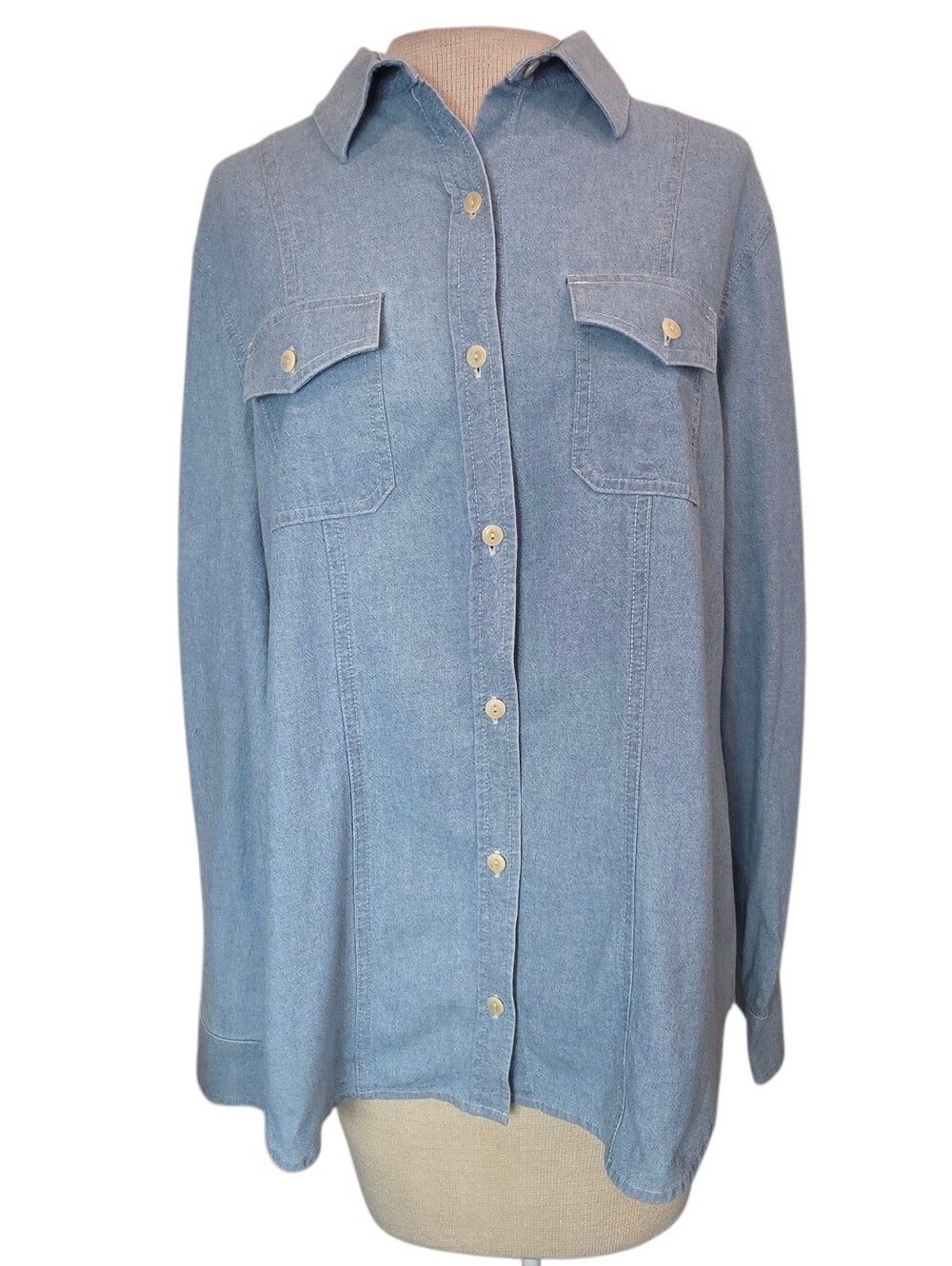 J. McLaughlin Button-Up Shirt Size 14 Chambray Light Wash Denim Top 100% Cotton